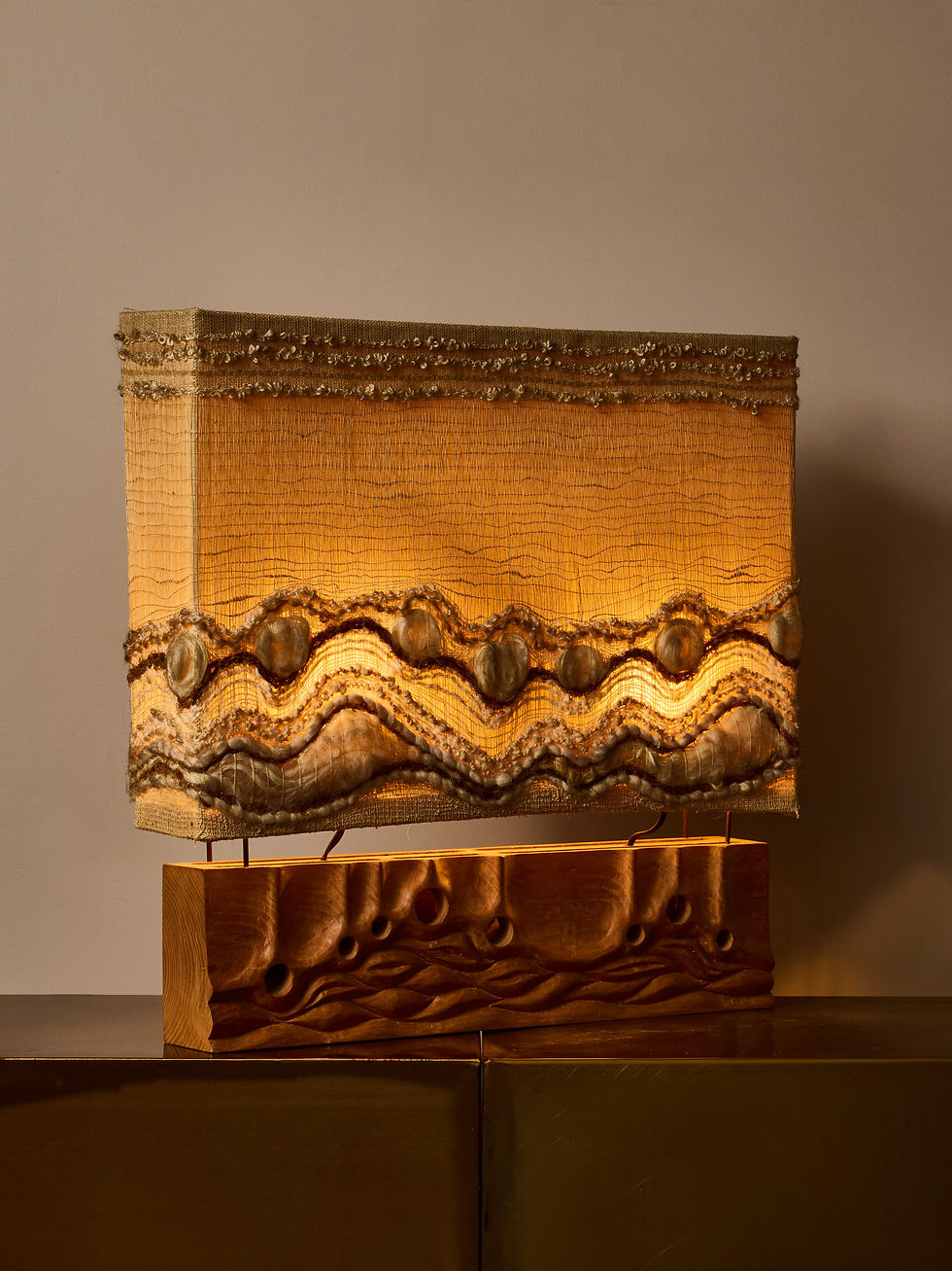 Miniature : Sculptural Table Lamp with Handwoven Shade and Carved Wood Base