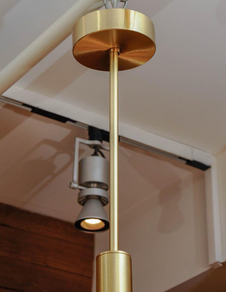 Miniature : Satin Brass Suspension with Four Lights and Round White Glass Globe