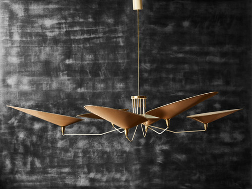 Oval Brass and Parchment Chandelier by Diego Mardegan for Glustin