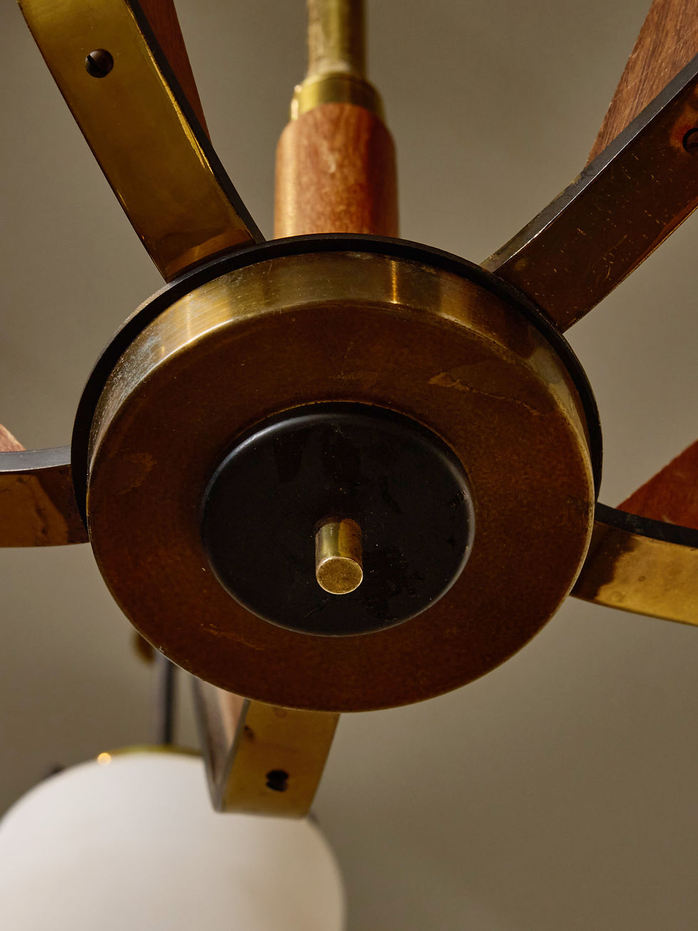 Miniature : Italian Mid Century Wood, Brass and Opaline Chandelier