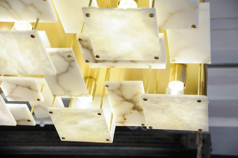 Miniature : Glustin Luminaires Creation Brass and Alabaster Tiles Ceiling Lamp