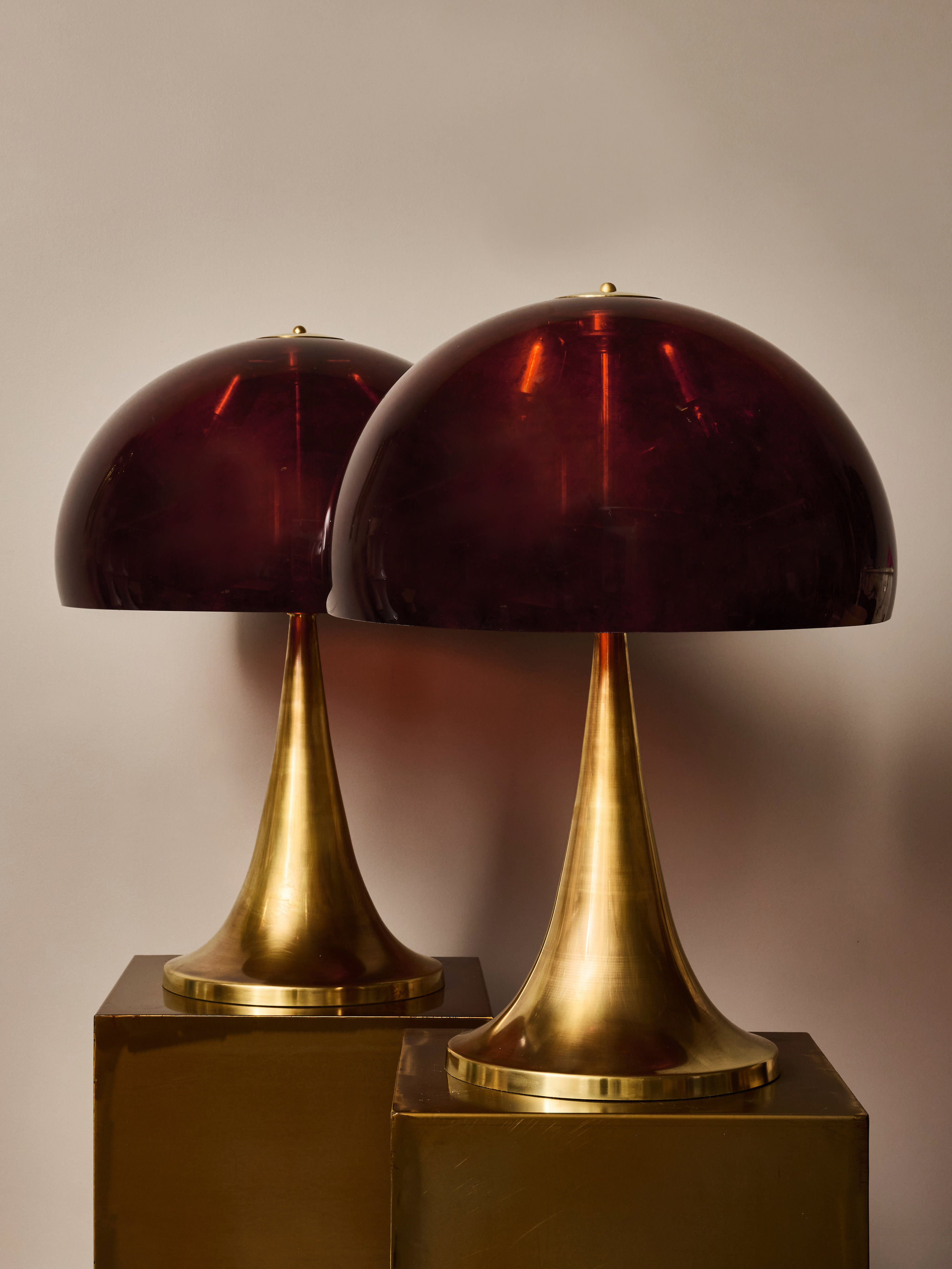 Pair of Deep Red Plexiglass and Brass Table Lamps