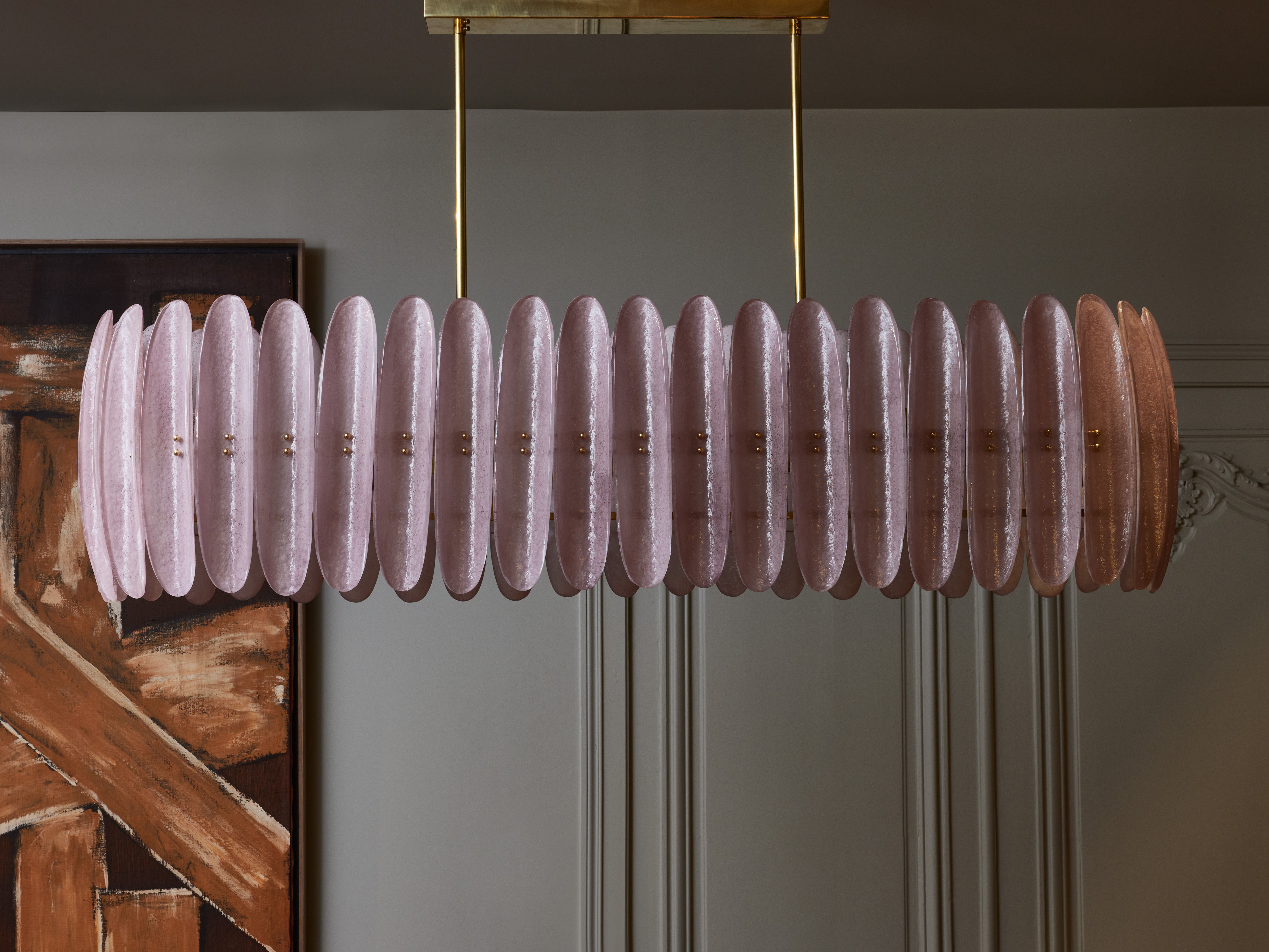 Long Chandelier With Pink Curved Murano Glass Panels