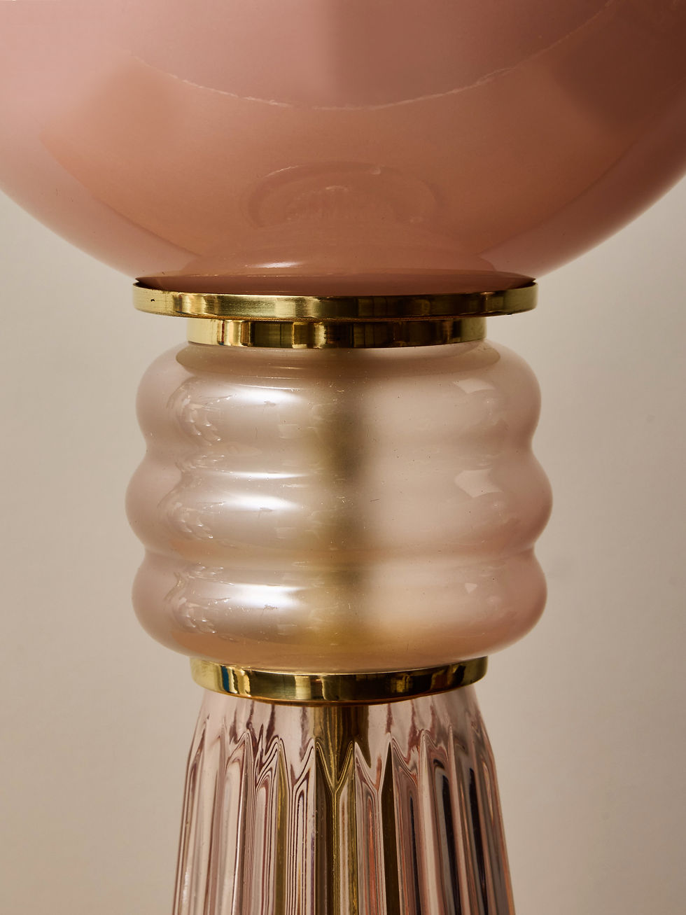 Miniature : Pair of Blush Pink Handblown Glass Table Lamps and Brass Accents
