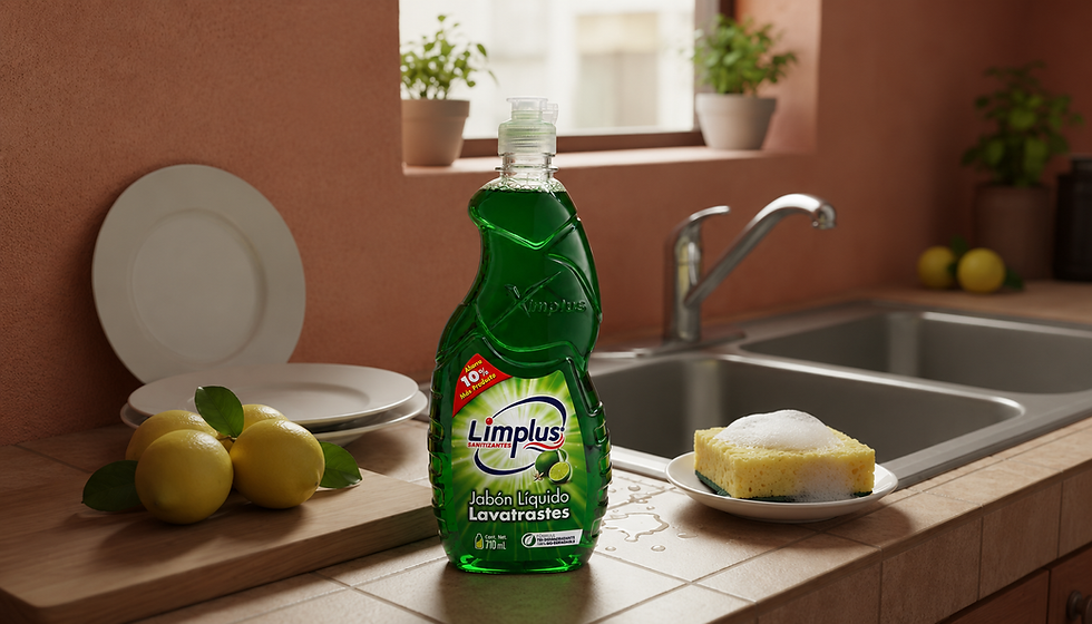 Vista a nivel de mesa de una botella de lavatrastes junto a limones y platos limpios en una cocina.