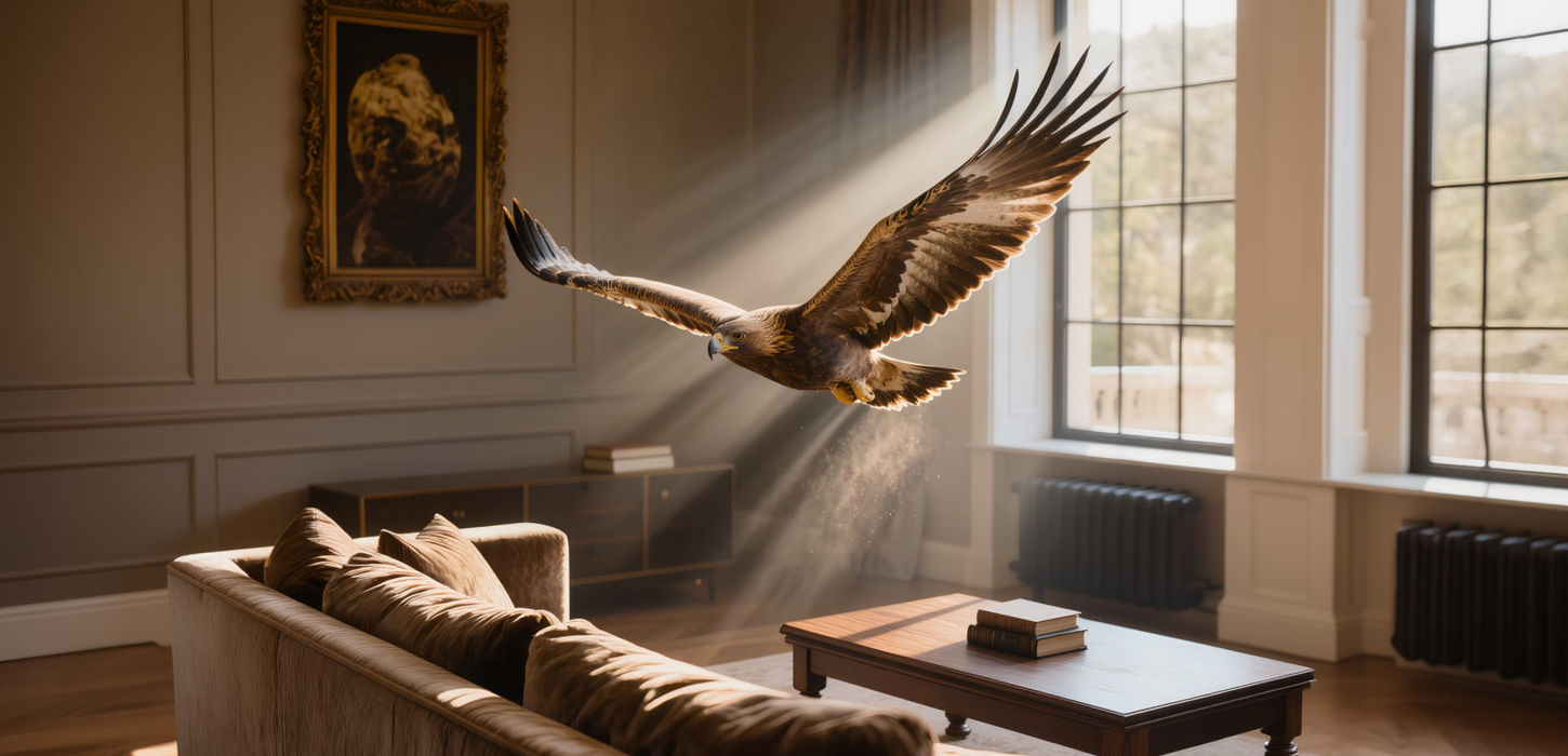 Een indrukwekkende adelaar vliegt door een luxe, klassieke woonkamer terwijl zonnestralen door het raam de vogel verlichten.