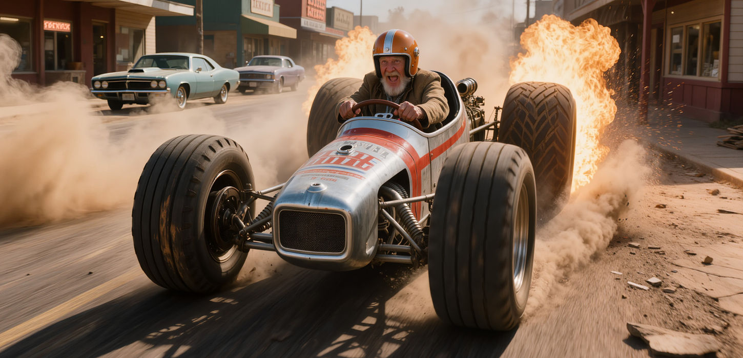 Surrealistische AI-visual van een grijze hot rod die vuur spuwt tijdens het rijden, bestuurd door een oude man met racehelm.