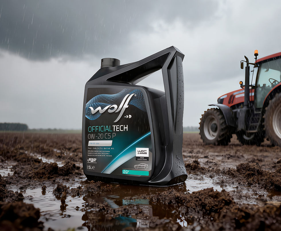 Fotorealistische AI-productvisualisatie van een Wolf OfficialTech 0W-20 motorolie can in een modderig veld tijdens regenval. Op de achtergrond staat een rode tractor, wat de toepassing in de landbouwsector benadrukt. Een hybride AI en 3D-render workflow.