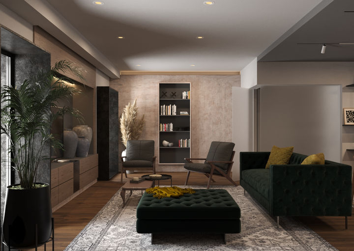 Sala de estar com sofá, 2 cadeirões de braços, móvel com livros, tapete e plantas