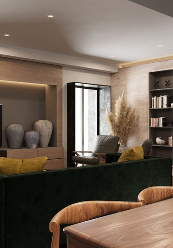 Vista da sala de estar. Sofá, tv, móvel de apoio e jarras de decoração.