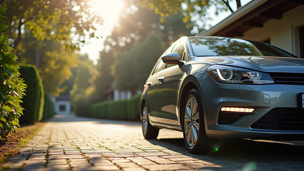 Eye-level view of a quality used car parked in a sunny driveway