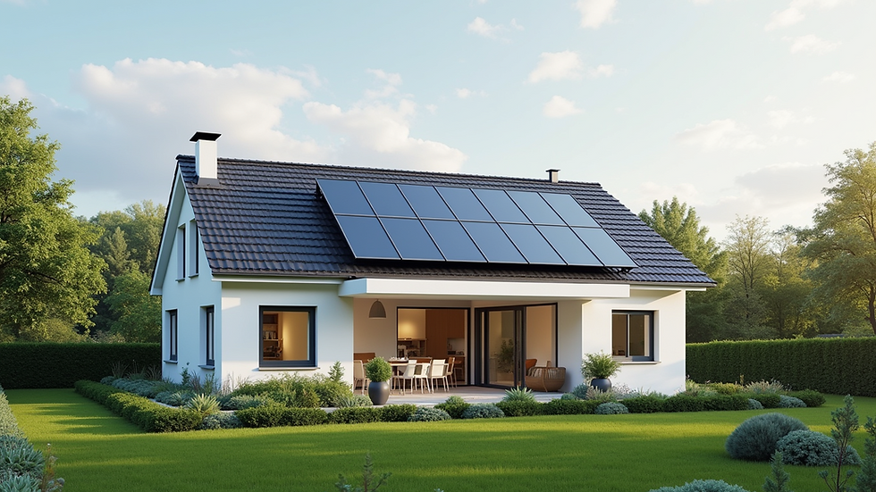 Eye-level view of a modern smart home with solar panels on the roof