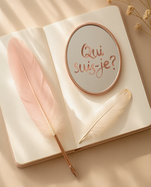un carnet ouvert avec un stylo en forme de plume rose et un miroir sur la deuxième page avec écrit qui suis je ?