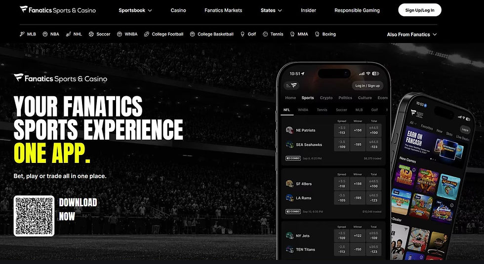 Fanatics Sportsbook & Casino website homepage hero banner displaying mobile app interface with sports odds and casino games.