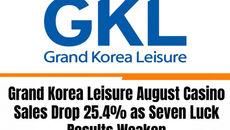 Asia Casino News graphic featuring the GKL (Grand Korea Leisure) logo with headline text stating "Grand Korea Leisure August Casino Sales Drop 25.4% as Seven Luck Results Weaken."