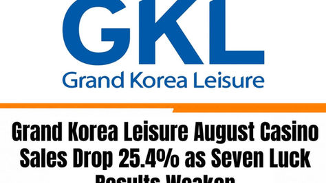 Asia Casino News graphic featuring the GKL (Grand Korea Leisure) logo with headline text stating "Grand Korea Leisure August Casino Sales Drop 25.4% as Seven Luck Results Weaken."