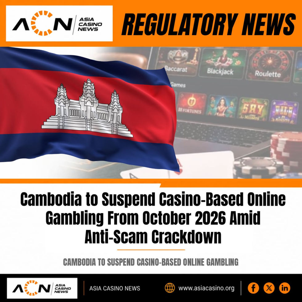 Asia Casino News graphic banner featuring the Cambodian flag overlaying a blurry laptop screen displaying online casino games like Baccarat, Blackjack, and Roulette, alongside poker chips and playing cards.