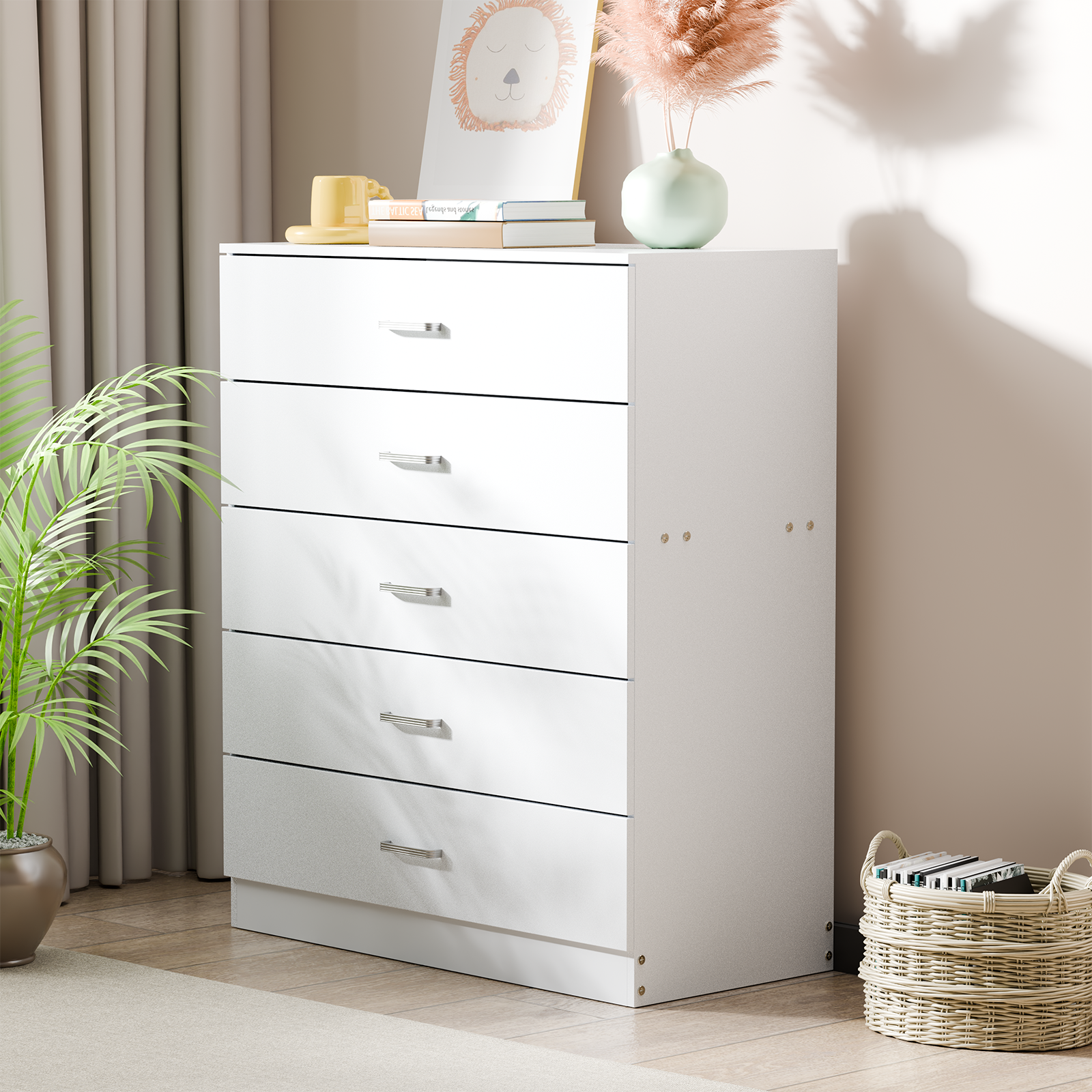 5 Drawer Chest White, Wood Storage Cabinet Dresser for Bedroom, Hallway, Closet