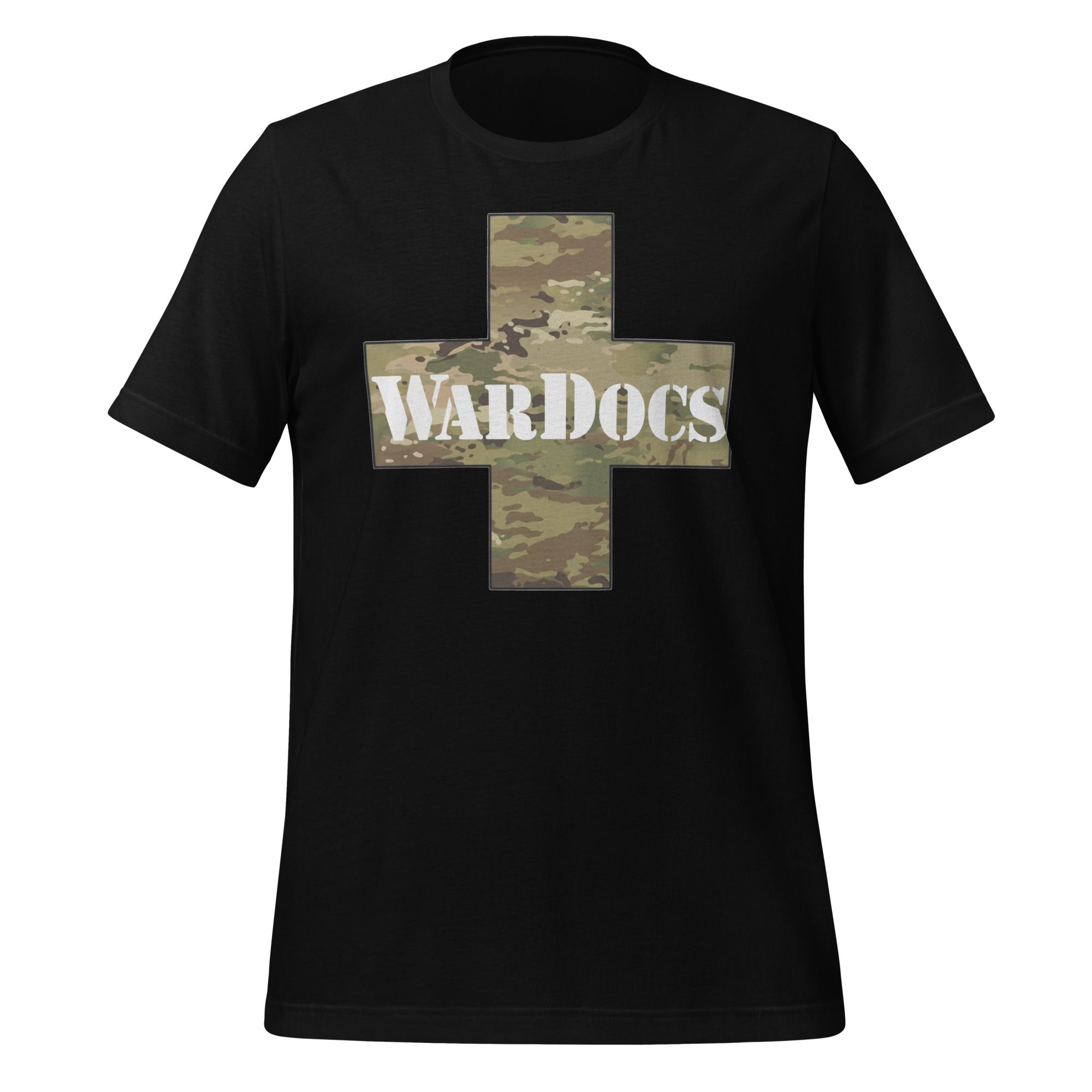 Design 4b: Camo Med Cross- White Letters- Front Only- Comfort Cotton