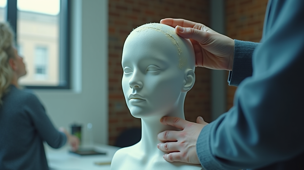 Eye-level view of a hair system being fitted on a mannequin head