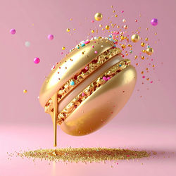 Firefly_whimsical 3d macaron with a shiny gold glaze dripping and colorful sprinkles and p