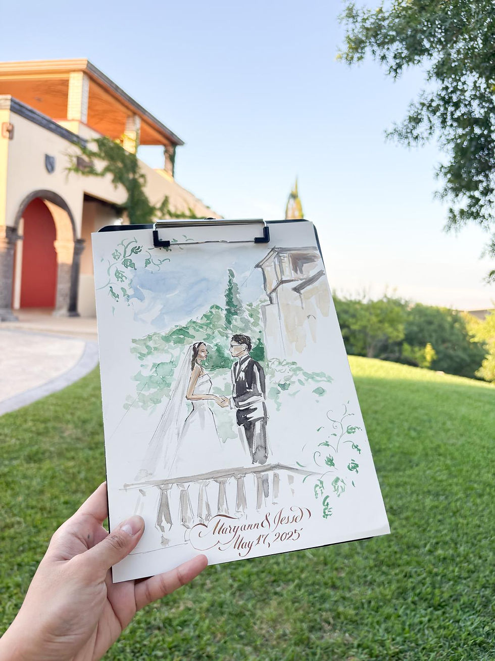 Wedding painting. Watercolor of a bride and groom done by Minh Dinh Live Event artist.