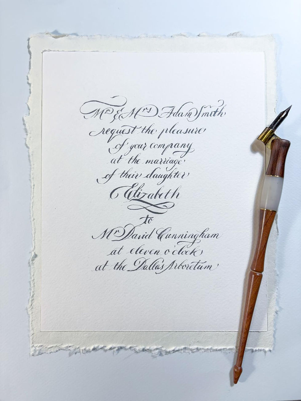 Minh Dinh, Dallas Calligrapher's work featuring wedding invite.