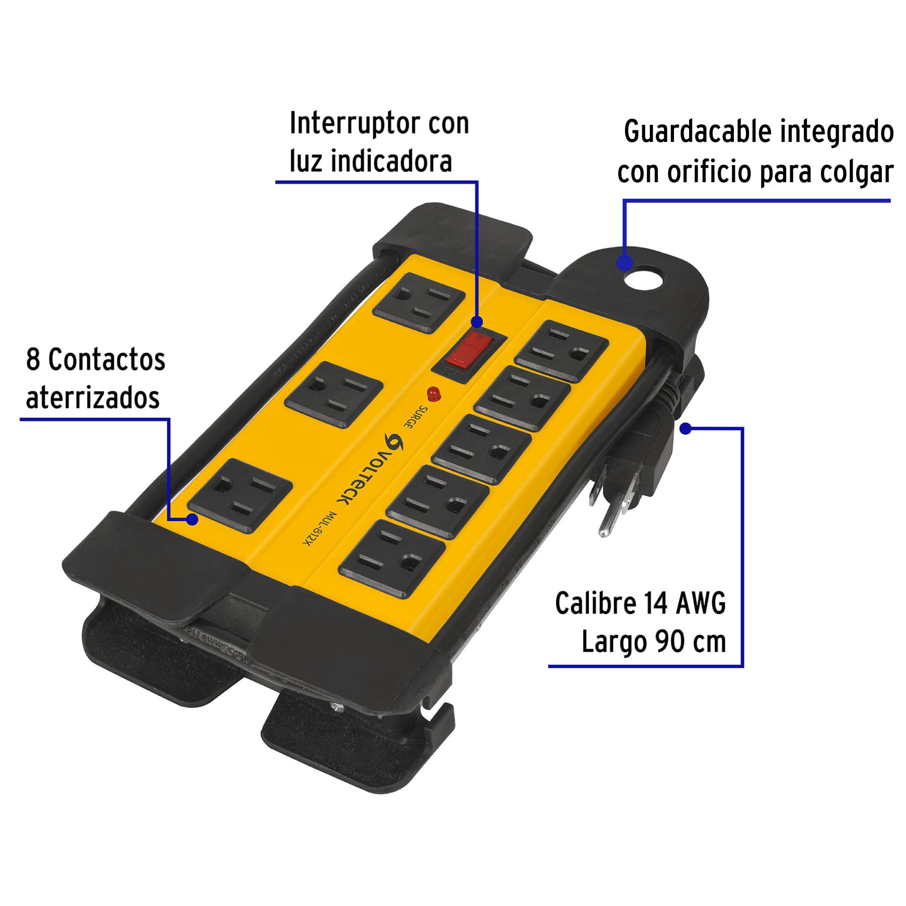 Multicontacto 14 AWG industrial supresor de picos 8 entradas