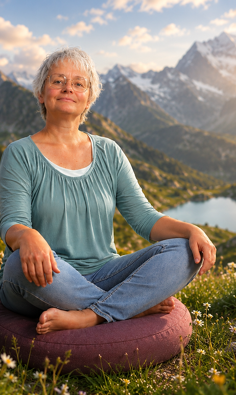 Claudia Chistell auf einem Yogakissen in den Schweizer Bergen bei Falera – Reiki, Meditation und Energiearbeit in der Natur.