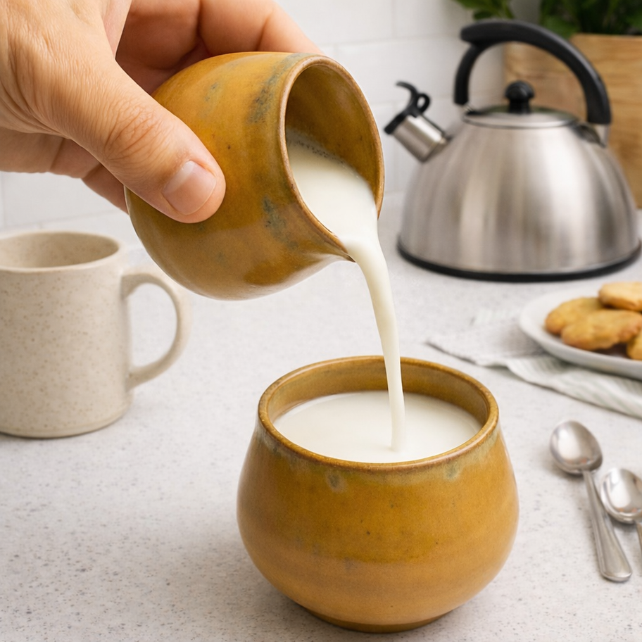 Hand pouring milk from a yellow ceramic pitcher into a matching cup on a kitchen counter with a kettle in the background.