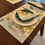Thumbnail: Yellow green and white placemat with plates, wine glass, cutlery and napkin
