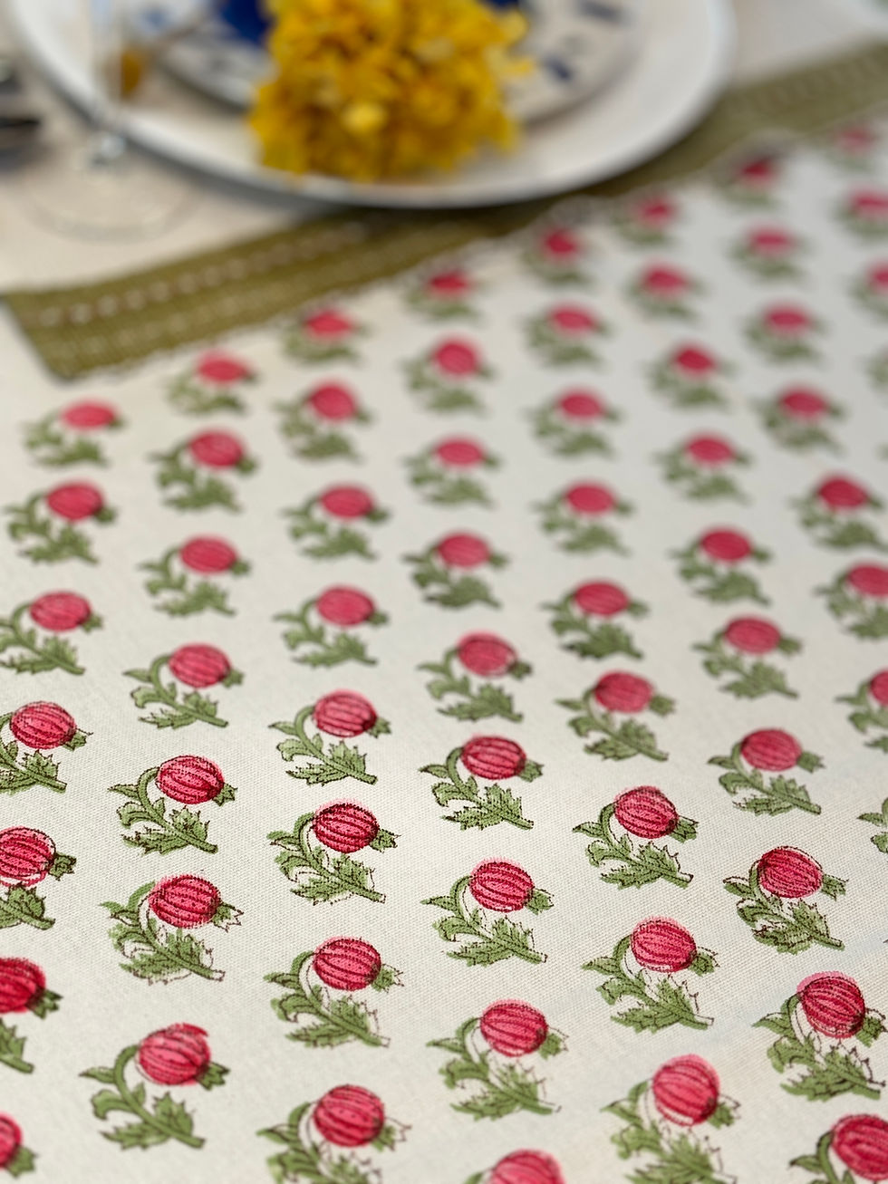White Pink and Green Cotton Block Print Tablecloth