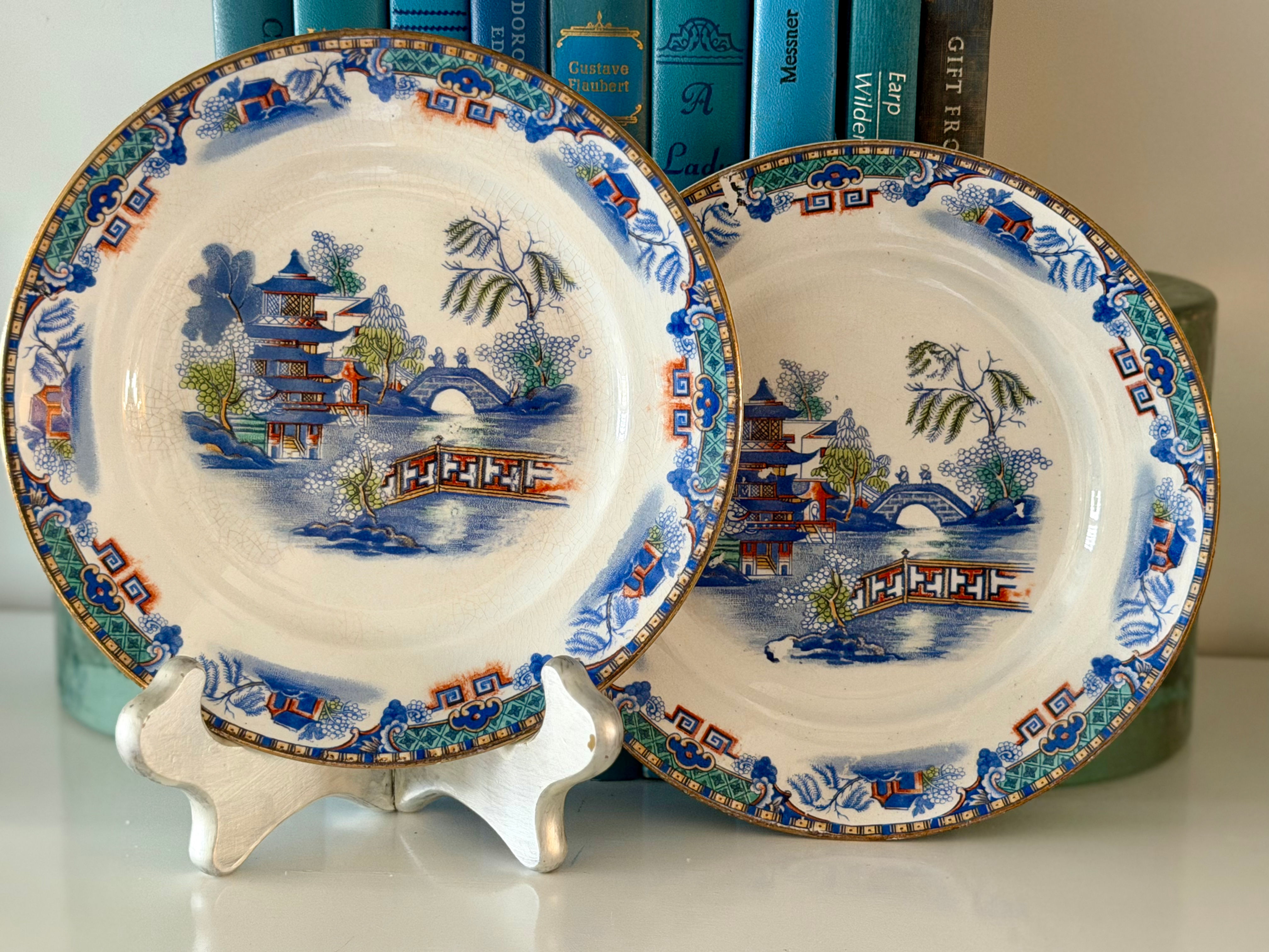 Pair Pagoda Scene Vintage Plates