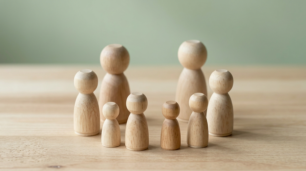 Wooden peg dolls in various sizes stand on a light wooden surface. The simple figures evoke a sense of family or community.