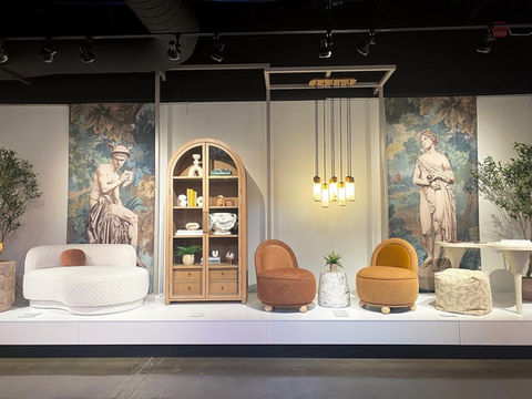 ITA and Fashion Snoops F23 Home Textile HOF installation. Venus and Mercury panels printed on poly/linen; I created from vintage books and a hand-painted tapestry. These panels were featured in the HOF for six months and will be moved to a new location Spring 2024.