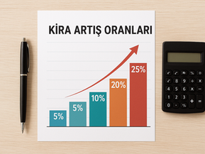 Kira artış oranlarını simgeleyen sözleşme, kalem ve hesap makinesi ile hazırlanmış görsel.
