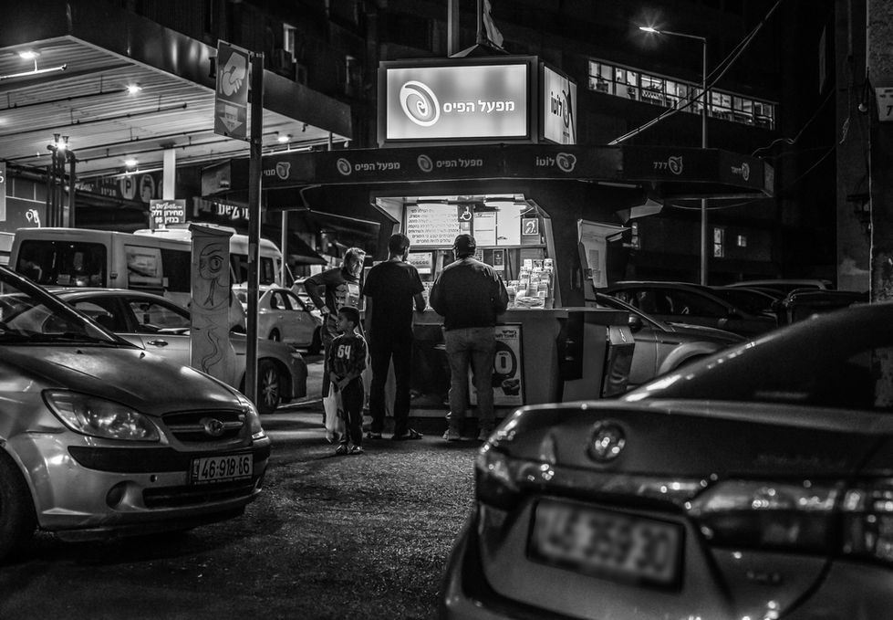 The lottery station  in haifa down town ,  image in black and white 