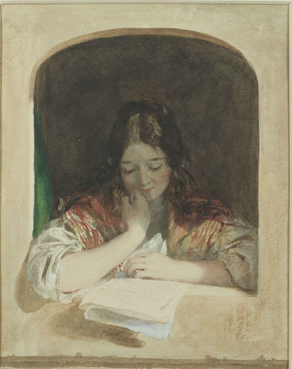 Watercolour, "Girl reading at a window", by Charles Brocky, ca. 1825-55. England (origins). © Victoria & Albert Museum