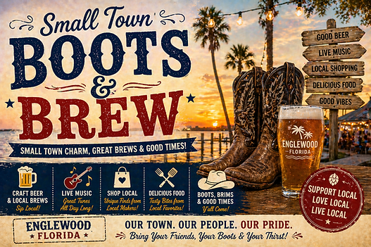 Small Town Boots and Brews, Englewood FL events, country music festival Englewood, Dearborn Street events, Pioneer Plaza Englewood, Lemon Bay Sunrise Rotary, Englewood festivals, live music Englewood FL, things to do in Englewood Florida