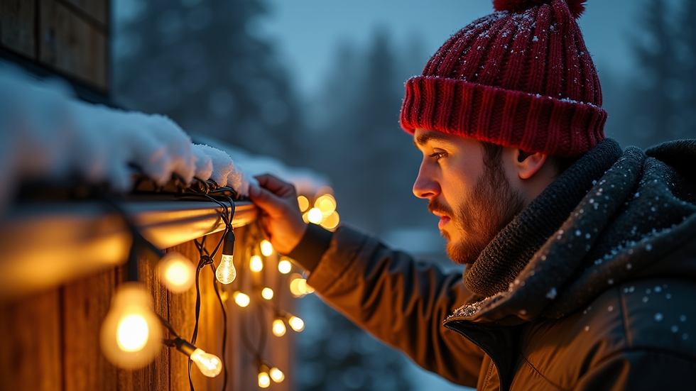 Close-up view of a professional installing holiday lights on a roofline