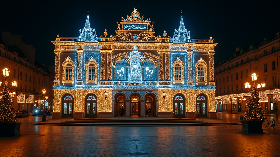 High angle view of a commercial building with elaborate holiday lighting display