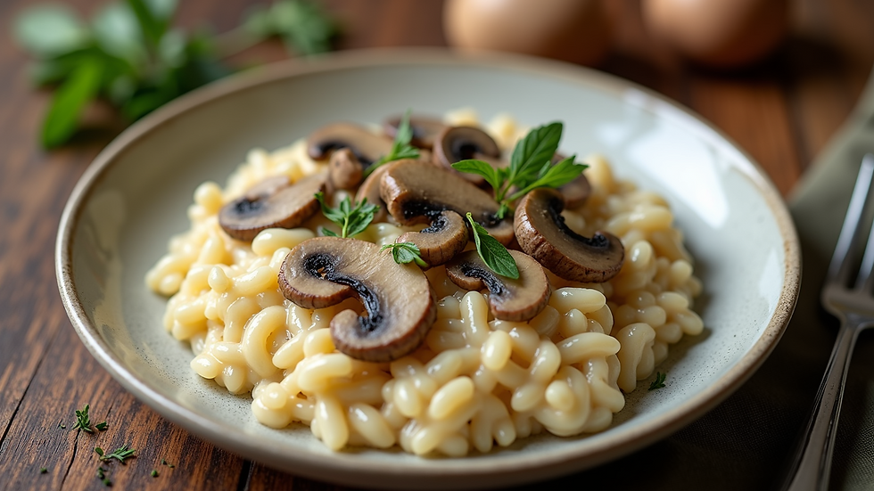 High angle view of a creamy mushroom risotto