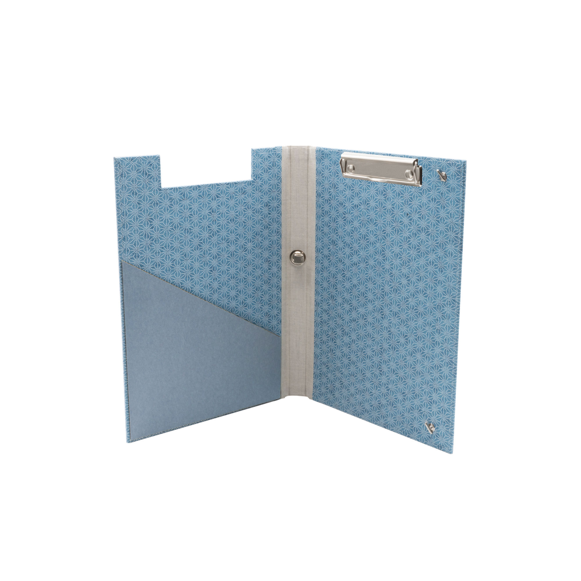 Handgefertigte stabile Mappe mit Klemmmechanik und Stifthalter in hochwertigem Bezug aus Japanpapier und Bucheinbandgewebe