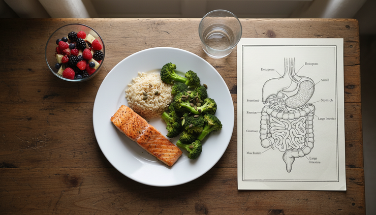 Overhead view of a balanced meal beside a simple digestive system diagram