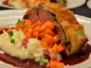 Gordon’s Beef Wellington with Spring Carrots, Potatoes Mousseline and Blackberry Demi Glace