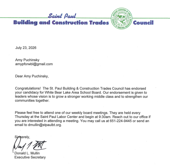 🌟 Latest Endorsement: St. Paul Building and Construction Trades Council
