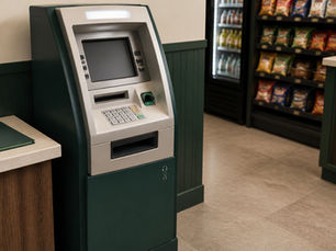 Retail ATM exterior emphasizing customer-accessible controls, clear floor space and documentation.