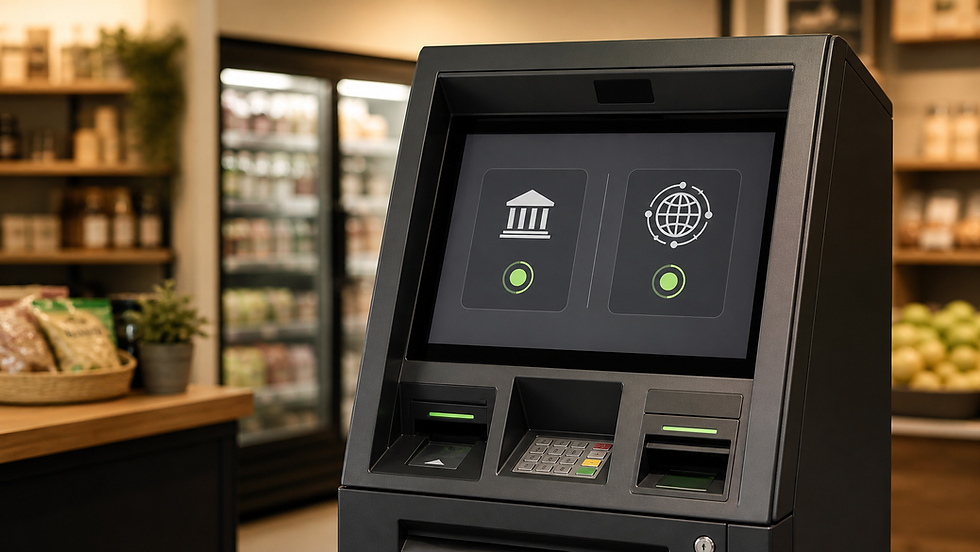 Retail ATM screen illustrating bank and processing network availability responses