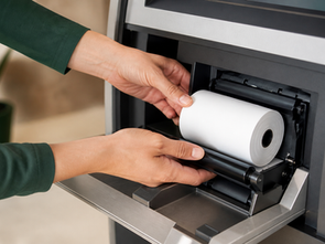 ATM operator loading a thermal receipt-paper roll into a receipt printer compartment.