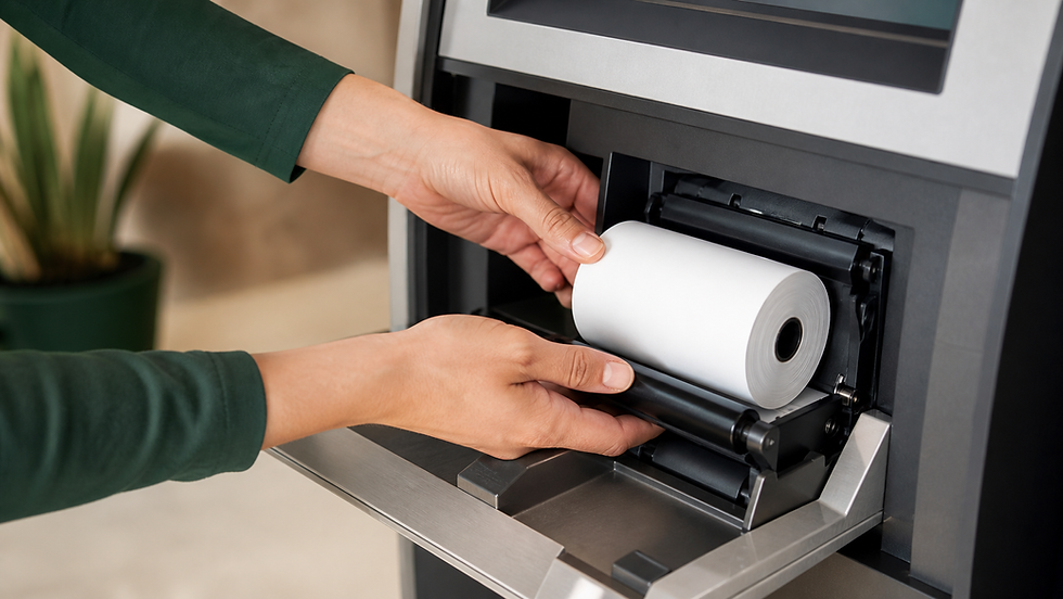 ATM operator loading a thermal receipt-paper roll into a receipt printer compartment.
